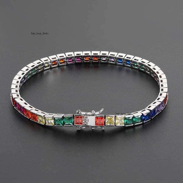 Jewelry Simple 4mm Colorful Tennis Chain Micro-Inlaid Square Moissanite Trendy Hip Hop Bracelet Jewelry