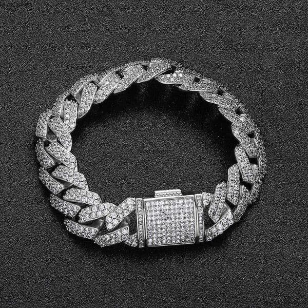 Jewelry 15mm Flip Clasp Double Row Moissanite Rhombus Cuban Trendy Brand Personality Hip Hop Men's Bracelet Wholesale