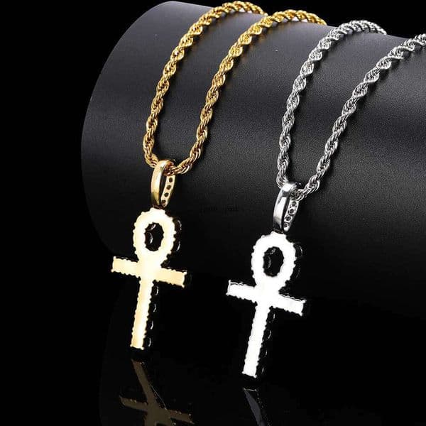 Jewelry solid small cross pendant with micro-inlaid Moissanite Ankh key Hip Hop men's necklace
