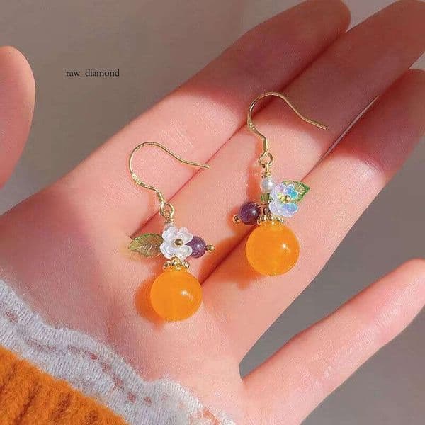 Super beautiful~Summer Orange~s925 niche creative design for women, pastoral style yellow jade flower stud earrings