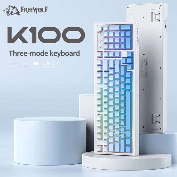 K100 Gaming Keyboard Wireless Side Engraving,RGB Colorful Backlight FREEWOLF,4000mAh Battery,Dual System Switching 26L0321