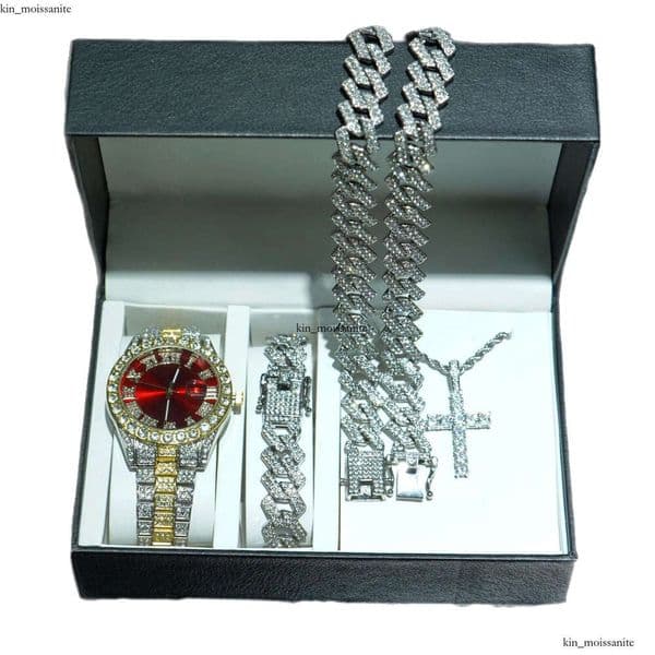 Jewelry Fashion Versatile Zinc Alloy Cross Diamond Cuban Necklace Bracelet Men's Water Ghost Watch Set