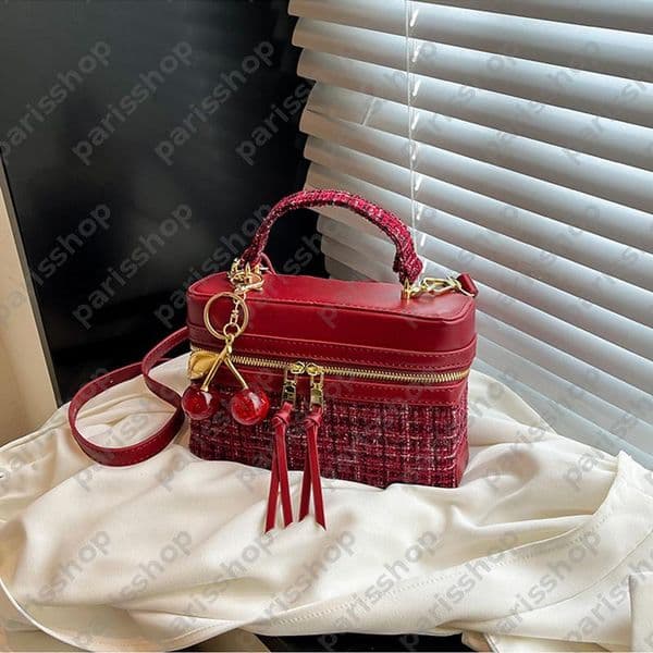 Cute Cherry Charm Tweed Box Bag For Women Vintage Faux Leather Makeup Case With Tassel Convertible Crossbody Handbag For Daily Travel Use DSD26022113