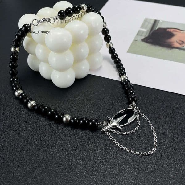 Moissanite Jewelry Fashion High-End Black Beaded Sweater Chain Personalized Versatile Tassel Necklace for Men and Women