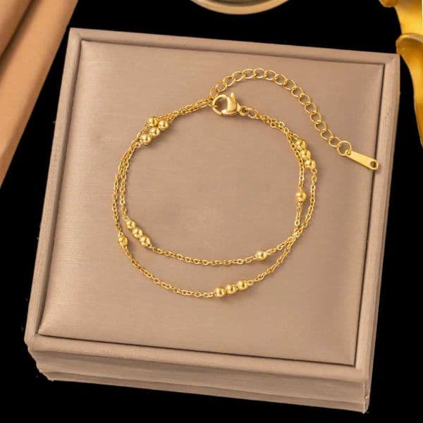 Gold Plated Small Round Beads Retro Double Layer Stainless Steel Jewelry for Women Birthday H260321