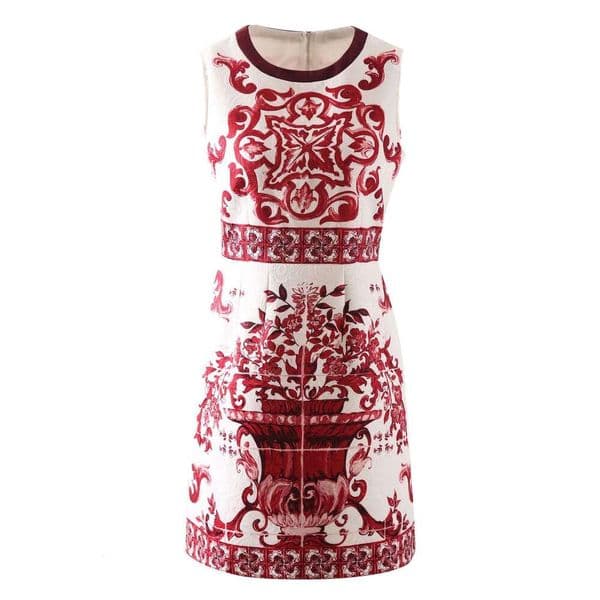 European and American new designer high-quality jacquard cotton red flower porcelain printed vest A-line A14 skirt women's clothing
