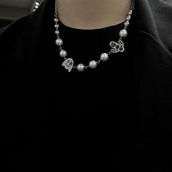 Trendy brand diamond-embellished quirky ghost and cactus pearl Cuban necklace hip-hop versatile collarbone chain