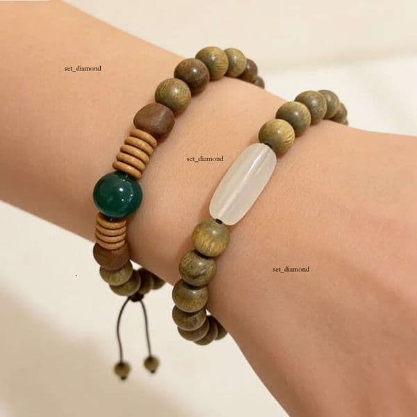 New Chinese Zen-style wooden stackable bracelet with ancient green beads, vintage simple daily commuting accessory