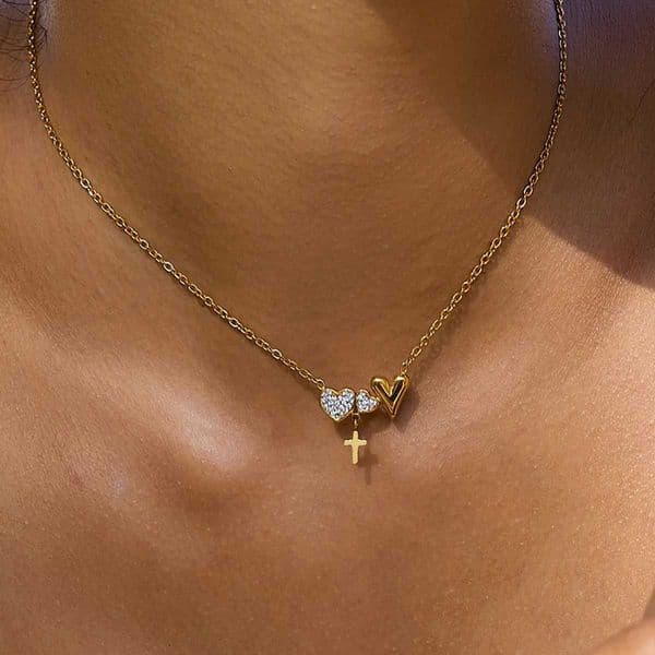 YHTOT Simple Classic 18K Gold Color Plated Stainless Steel Rhinestone Heart Shape Pendant Necklace Cross Pendant Ladies Jewelry D260320