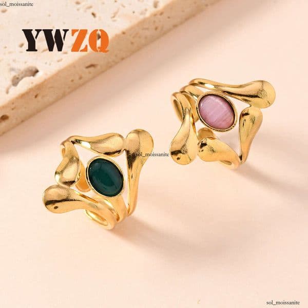New Luxury Jewelry 925 Sterling Silver 14K Gold exaggerated and unique oil-pressed irregular oval gemstone rings niche minimalist style rings