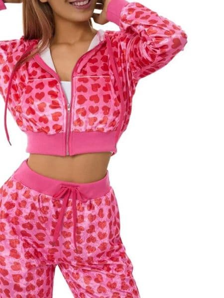 Velvet Fabric Love Print Hoodie Set Long Sve Zipper Closure Casual Sportswear Polyester Long Pants for Young Women X260321