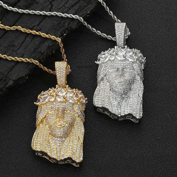 Jewelry Hip Hop Silver Inlaid Moissanite Full Diamond Head Portrait Pendant Retro Exaggerated Jewelry Men's Necklace