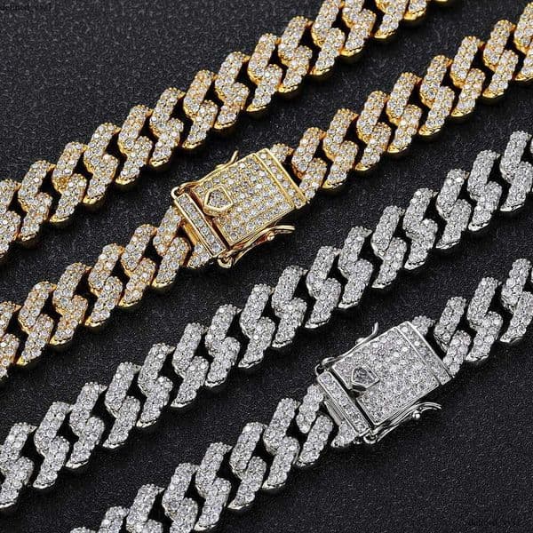 Jewelry trendy bracelet 12mm double-row Moissanite diamond-shaped Cuban necklace men's Hip Hop jewelry wholesale
