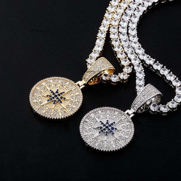 Compass Full Moissanite Hip Hop Pendant Personality Trendy Unisex Necklace Jewelry