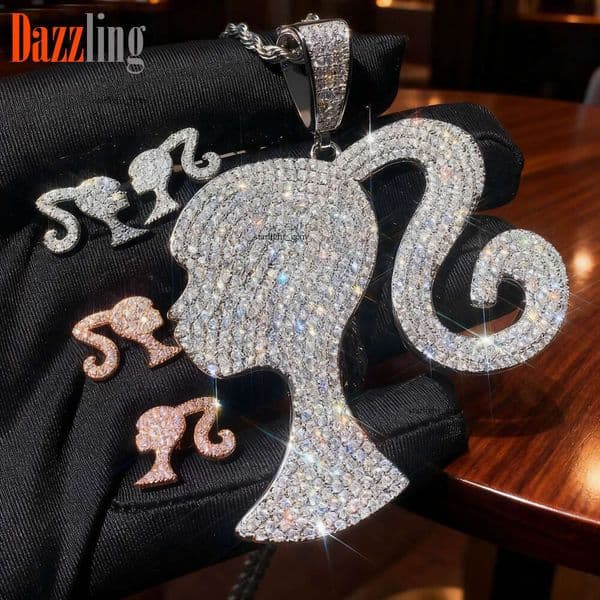 Foreign trade Hip Hop full-diamond girl pendant with Moissanite cute cartoon portrait necklace and earrings