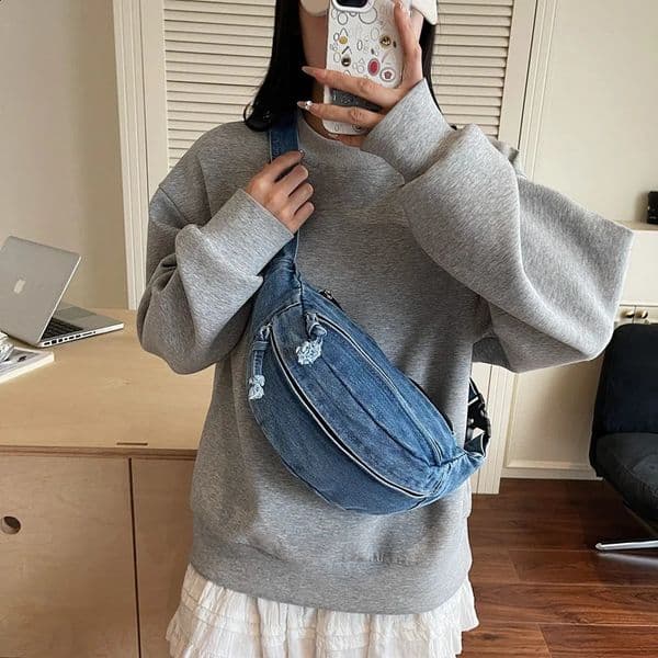 Denim Shoulder Chest Bag for Women Sporty Casual Style Simple Fashionable Waist Bags Mobile Phone Crossbody Bag for Men 260316BJ