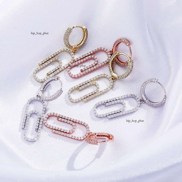 Hot-Selling Paperclip Full Moissanite Hip Hop Simple 18K Gold Plated Women's Earrings