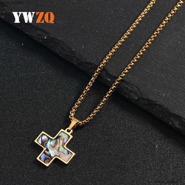 New product Sterling Silver 14K 18K Gold 304 pendant stylish cross-shaped colorful shell necklace titanium steel jewelry