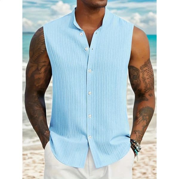 Casual Sleeveless Cotton Linen Shirts Men Vintage Turndown Collar Buttoned Vest Shirt Summer Mens Fashion Solid Color Tops 260320BANJIA