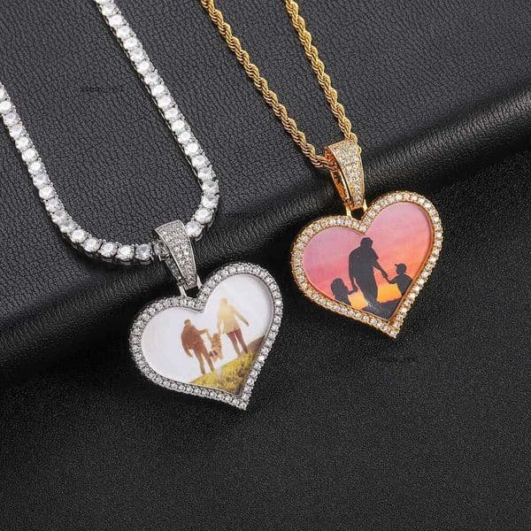 Jewelry Memory Personality Single-Sided Heart Photo Frame Pendant Micro-Inlaid Moissanite Jewelry Hip Hop Men's Necklace Accessories