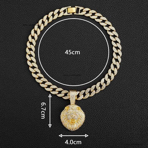 Unique Men's Cool Full Diamond 3D Lion Head Pendant Cuban Necklace Jewelry Hip Hop Fashion Collarbone Chain