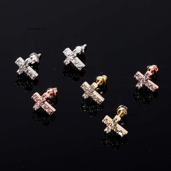 Jewelry INS Cross 925 Silver Full Diamond Hip Hop Simple 18K Gold Plated Women's Earrings