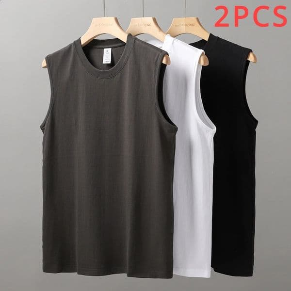 2pcs Solid Color Cotton Vest Mens White ONeck Loose Sleeveless Tshirt Basic Models Allmatch Sports Running Tank Tops 260320
