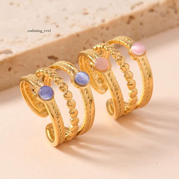 Jewelry Sterling Silver 14K 18K Gold ring for women palace-style oil-pressed three-line gemstone ring adjustable open titanium steel jewelry