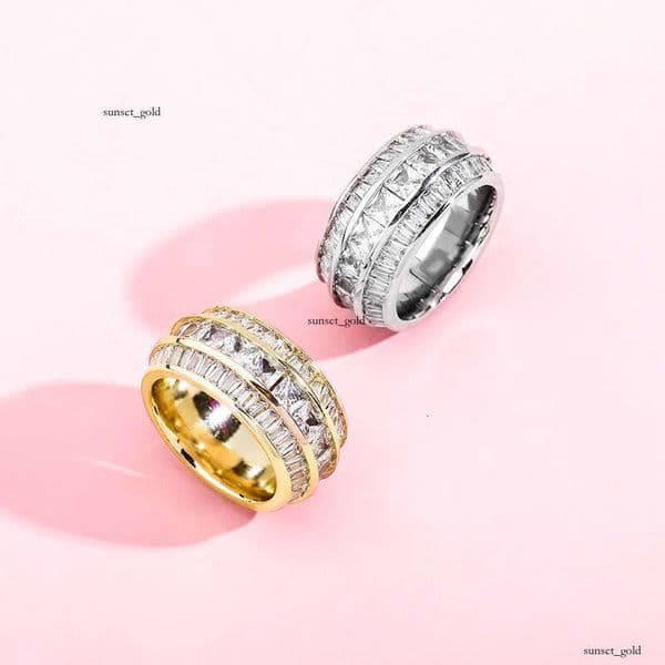 Jewelry New Baguette Three-Row Square Men's Real Gold Plated Hip Hop Diamond Ring Bling