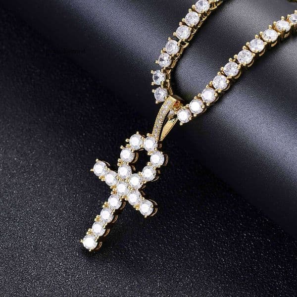 European and American style gold-plated copper micro-inlaid zircon 4mm hip-hop necklace with Ankh key cross pendant, freely combinable