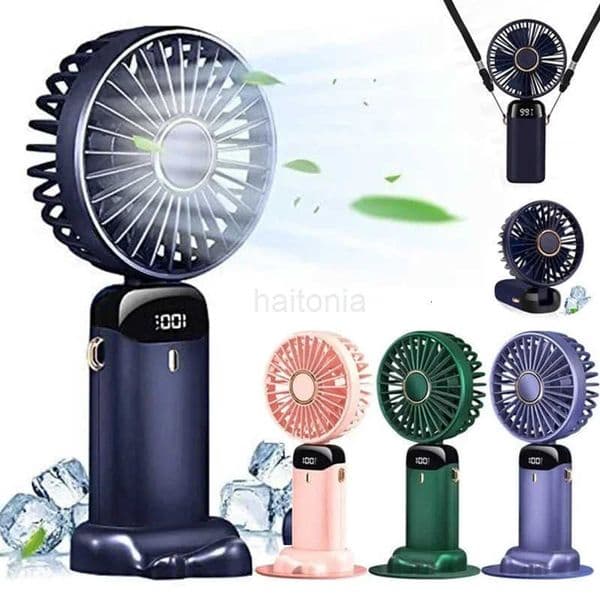 Portable Handheld Mini Fan Foldable Neck Hanging Fans 5 Speed USB Rechargeable Fan with Phone Stand and Display Screen 1800mAh H260321