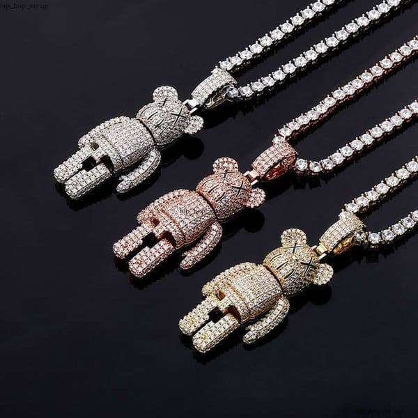 Cartoon Anime Doll Mechanical Bear Personality Pendant Full Moissanite Hip Hop Trendy Street Necklace Accessories Gold Jewelry