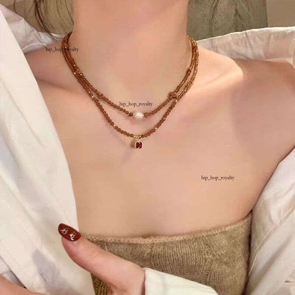 New Chinese-style amber beaded pearl necklace for women, high-end luxury niche accessory, collarbone chain choker