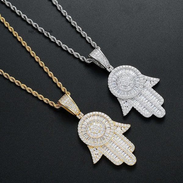of Fatima Jewelry Hip Hop Moissanite Necklace Turkish Eye Lucky Hand Pendant Chain