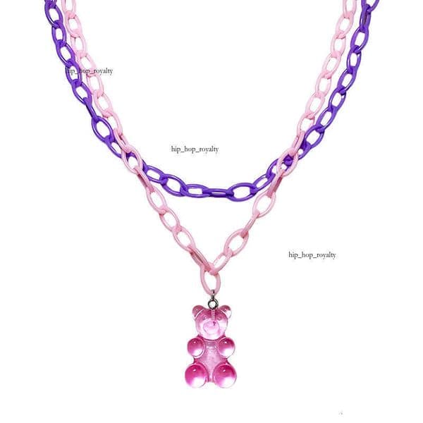 Harajuku-style playful and sweet cool necklace, cute cartoon fun blue gummy bear pendant, double-layer collarbone chain for women