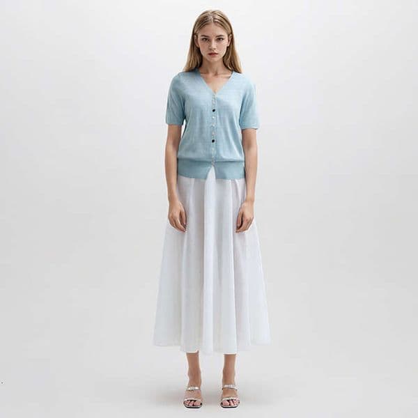 High end spring and summer thin sky blue V-neck short sleeved single breasted wool linen knitted cardigan