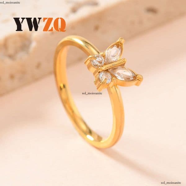 Jewelry 925 Sterling Silver 14K Gold ring for women light luxury versatile 2mm butterfly-shaped diamond ring trendy hand jewelry manufacturer