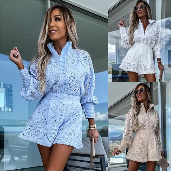 Women Fashion Lace Shirt Single Breasted Long Sleeve Shorts Set Spring Summer Slim Elegant Ladies Office White Shorts 2piece Set 260318
