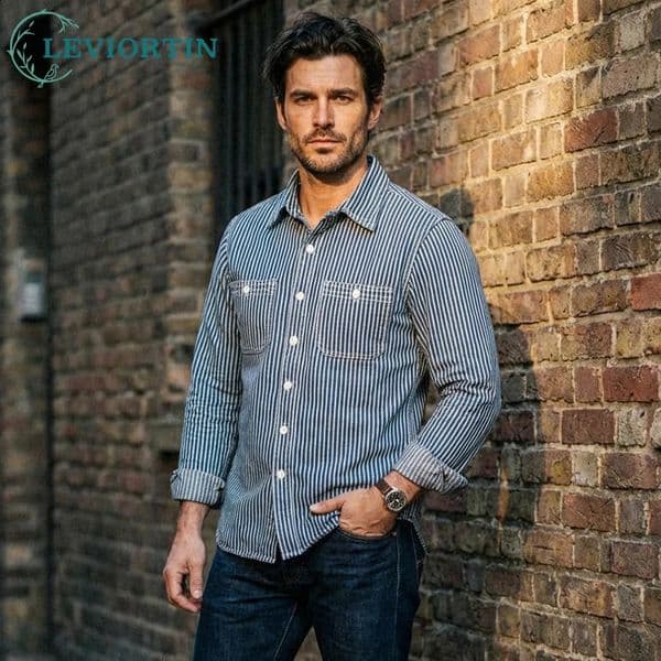 Mens Vertical Striped Workwear Shirt American Retro Double Pocket Washed Canvas Long Sleeve Casual Button Down Cargo 260320