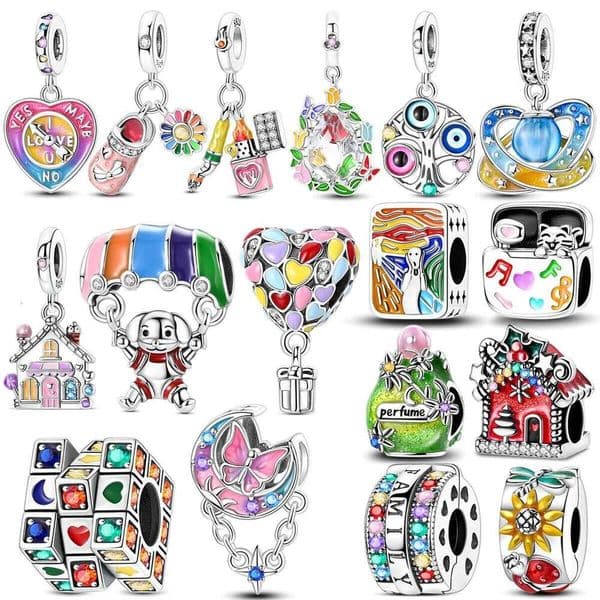 2026 Colorful Cute Charms Bead 925 Sterling Silver CZ Zircon Hot Air Balloon Windmills Rotating cube Pendant Fit Original Bracelet DIY Jewelry