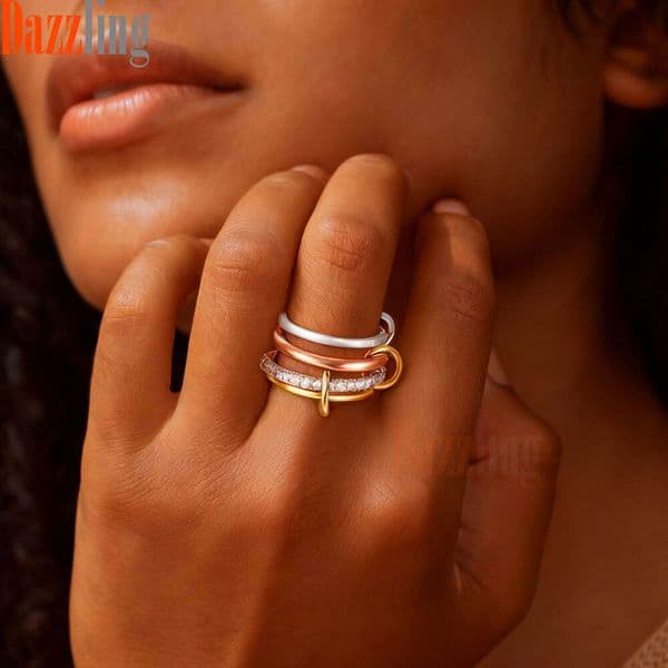 New Hip Hop Style Moissanite stackable 4-ring set niche three-color diamond-encrusted women's ring fashion accessory