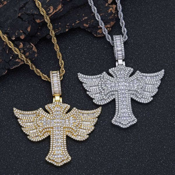 Luxury Jewelry Hip Hop angel wings Moissanite cross pendant necklace fashionable and unique men's accessories wholesale