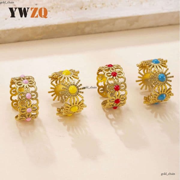 new product Sterling Silver 14K 18K Gold ring with colorful enamel sun-shaped open ring dopamine-inspired design titanium steel jewelry factory