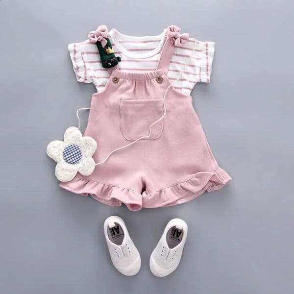 2pcs Cute Toddler Baby Girl TshirtSuspender Shorts Outing Clothes Fashion Bay Sets Suits No Shoes Bag 260320