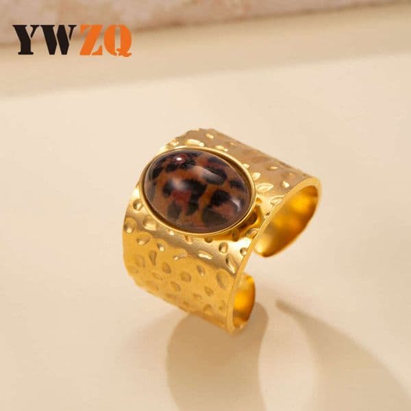 Jewelry best-selling Sterling Silver 14K 18K Gold ring with oil-pressed hammered pattern and tiger eye stone open ring French vintage titanium steel jewelry factory