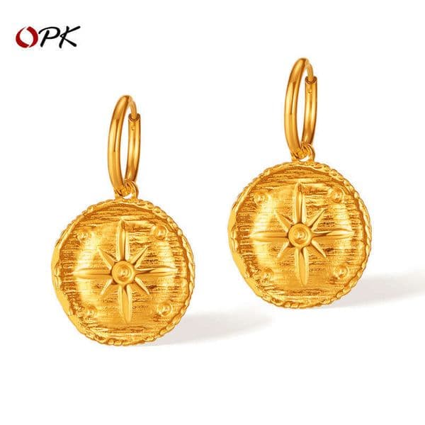 Jewelry French Style for Women 925 Sterling Silver 14K Gold Fashionable Simple Round Pendant Earrings Gold-Plated Eight-Pointed Star Titanium Steel Earrings