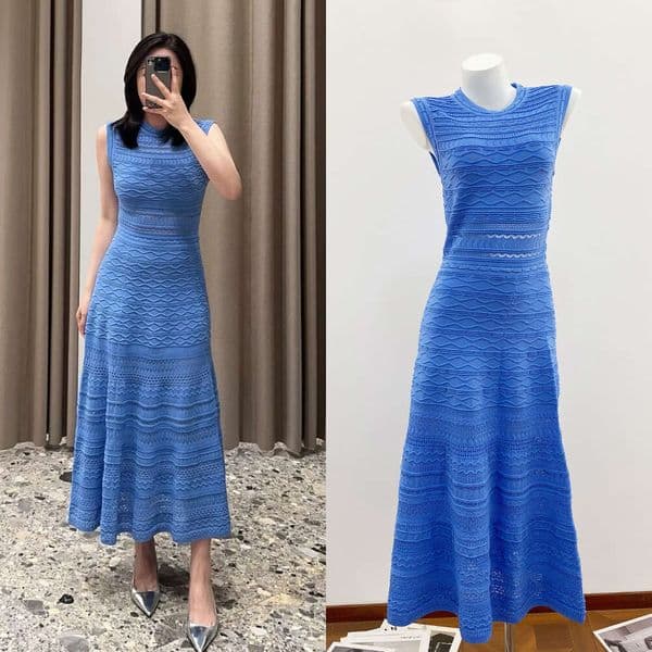 2026 Spring New Designer Sky Blue Diamond Wave Pattern Heavy A3 Jacquard Embroidered Hollow Dress