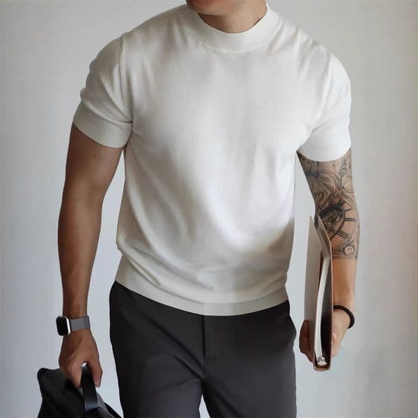 Half Turtleneck Knitted Short Sleeve T-Shirt for Men 2025 New High-End White Slim Fit Shirt Style Retro Top