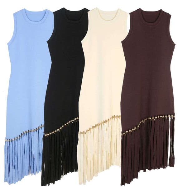 French elegant long skirt knitted spring/summer new A5 style tassel slim fit retro sleeveless slim fit women's tight fitting dress