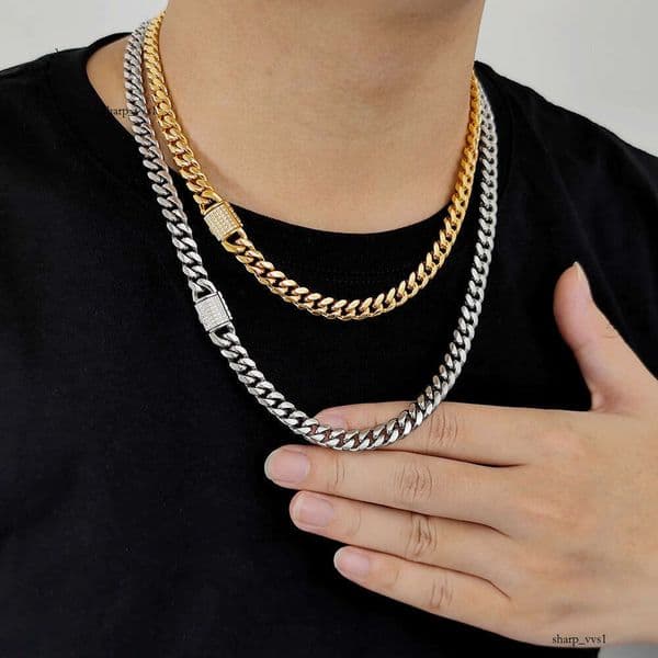 Hip Hop Style Sterling Silver 14K 18K Gold Full Diamond Buckle Encrypted Round Cuban Real Gold Plated Hip Hop Titanium Steel Men's Necklace Customizable